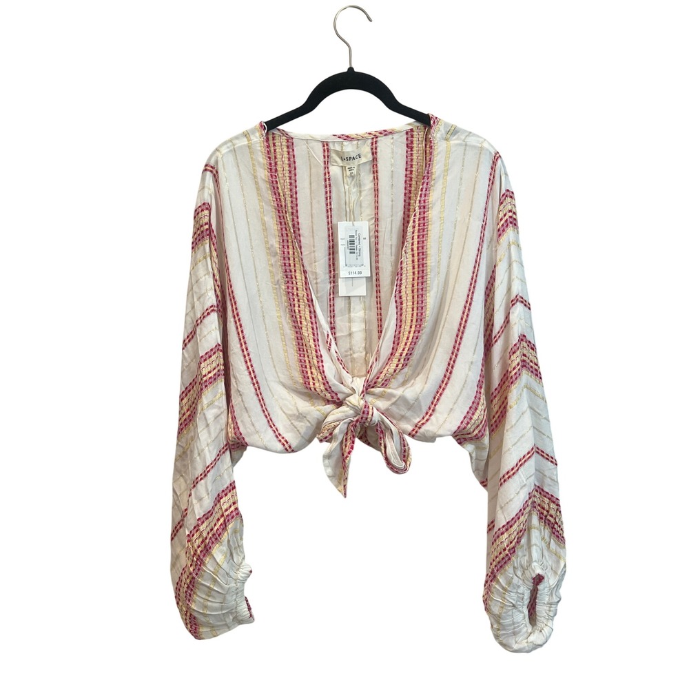 L SPACE Reese Top White Pink‎ Gold Stripe Tie Front Crop Top Long Sleeve LG
